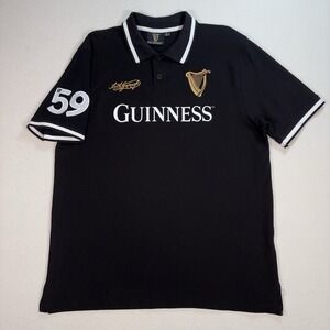 Guinness Polo Men L Black Relaxed Fit Spellout Logo 100% Cotton Ireland 59 Shirt